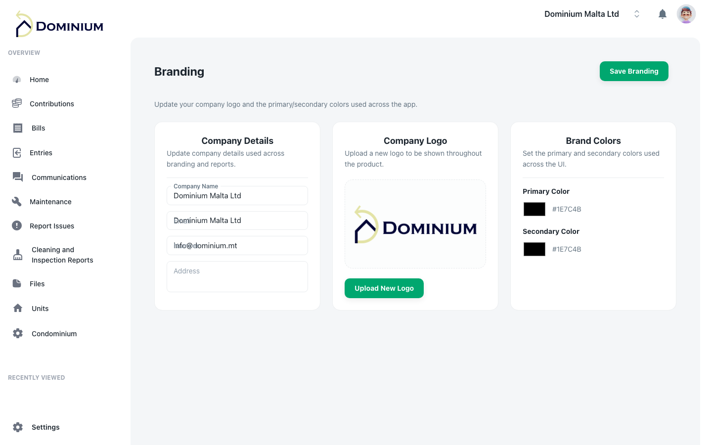 Dominium white-label branding settings — Malta condominium management
